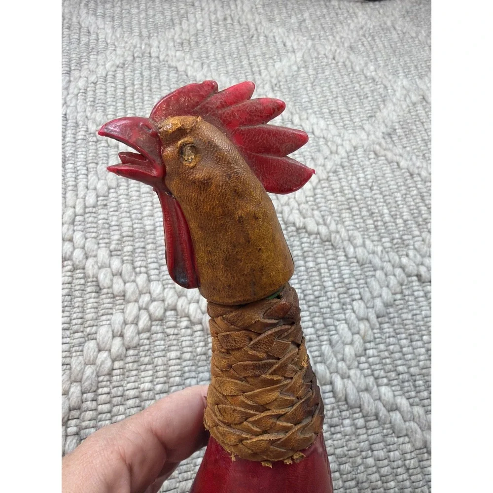 Vintage Italian Leather Rooster Decanter Red Made in Italy MCM Barware
